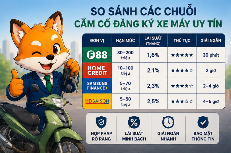So sánh 4 chuỗi cầm cố đăng ký xe máy uy tín 2026: F88, Vietmoney, T99 và Đồng Shop Sun